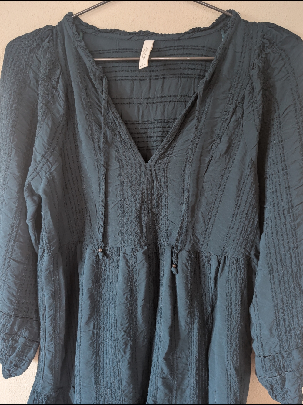 Gentle Fawn Teal Green Textured Long Sleeve Tiered Tunic Dress S